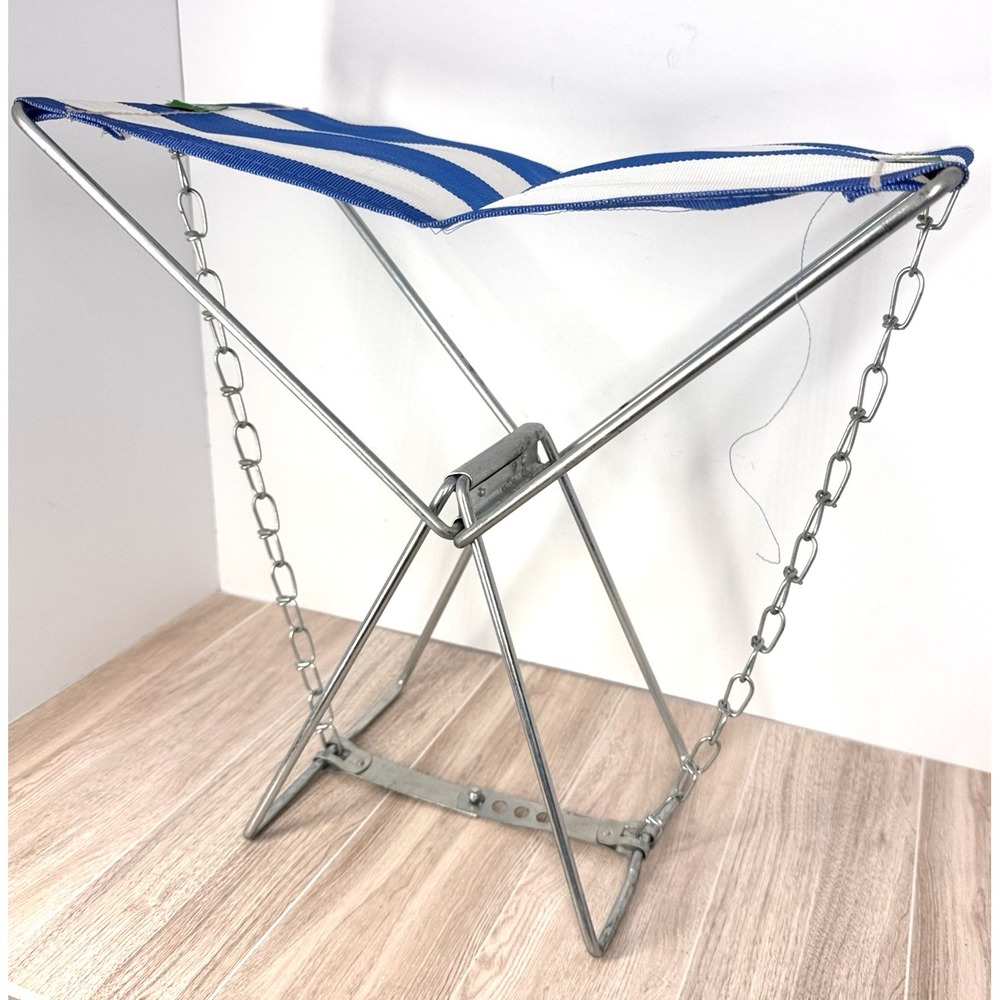 Vintage Folding Camping Stool Metal Frame Chain Support Blue Seat Portable